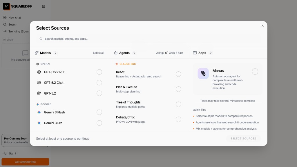 Selecting sources: the models, agents, and apps to compare.
