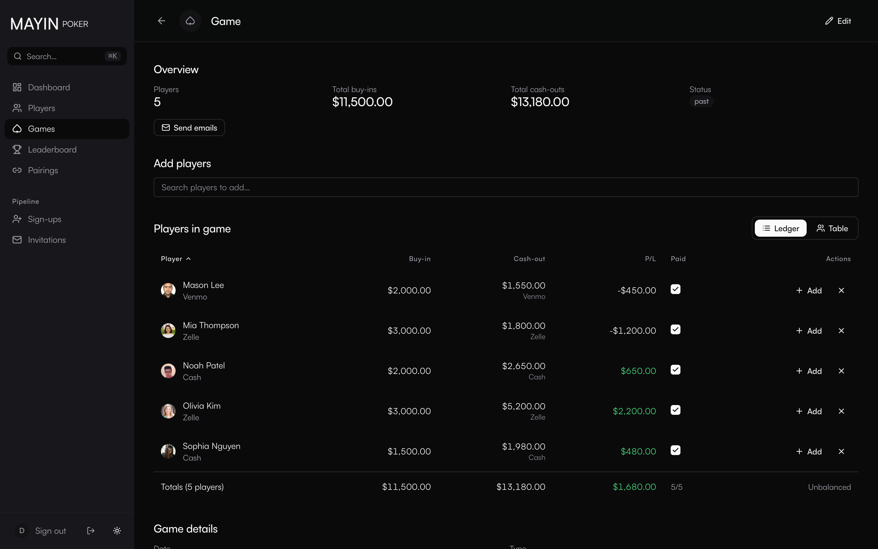 Game ledger: buy-ins, cash-outs, and profit/loss.