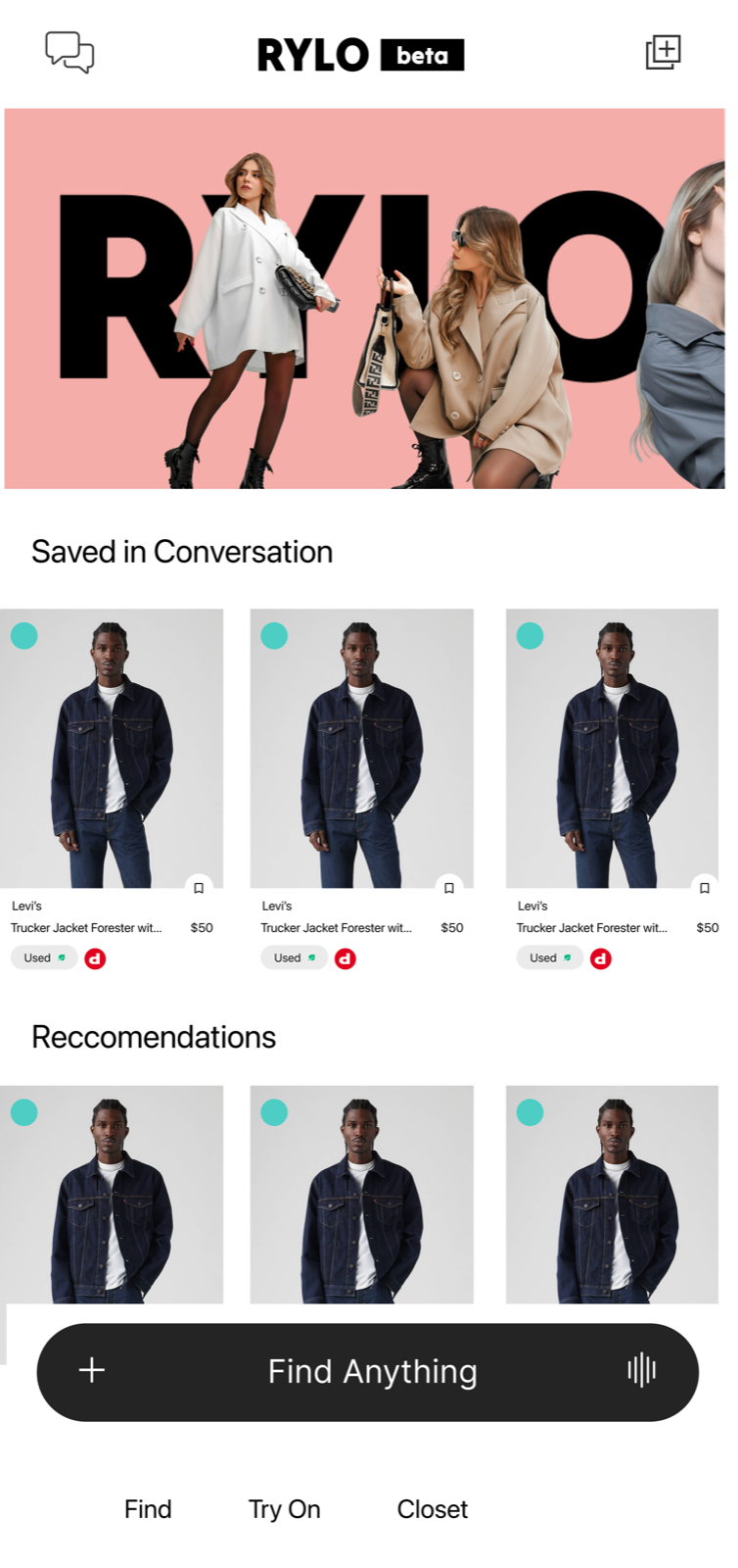 Home: items saved in conversation, plus recommendations.