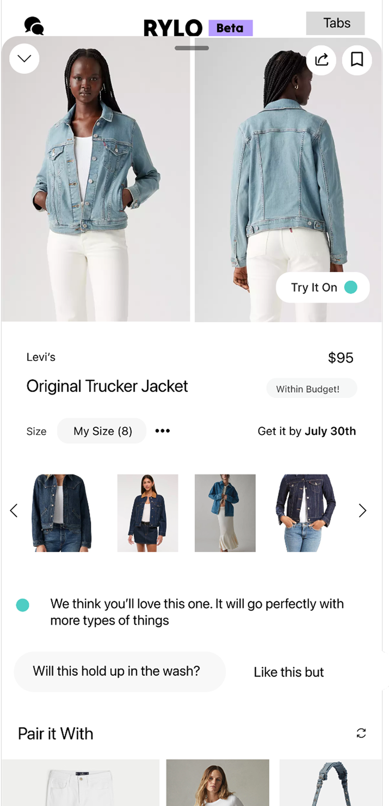 Product page: budget check, delivery date, and virtual try-on.