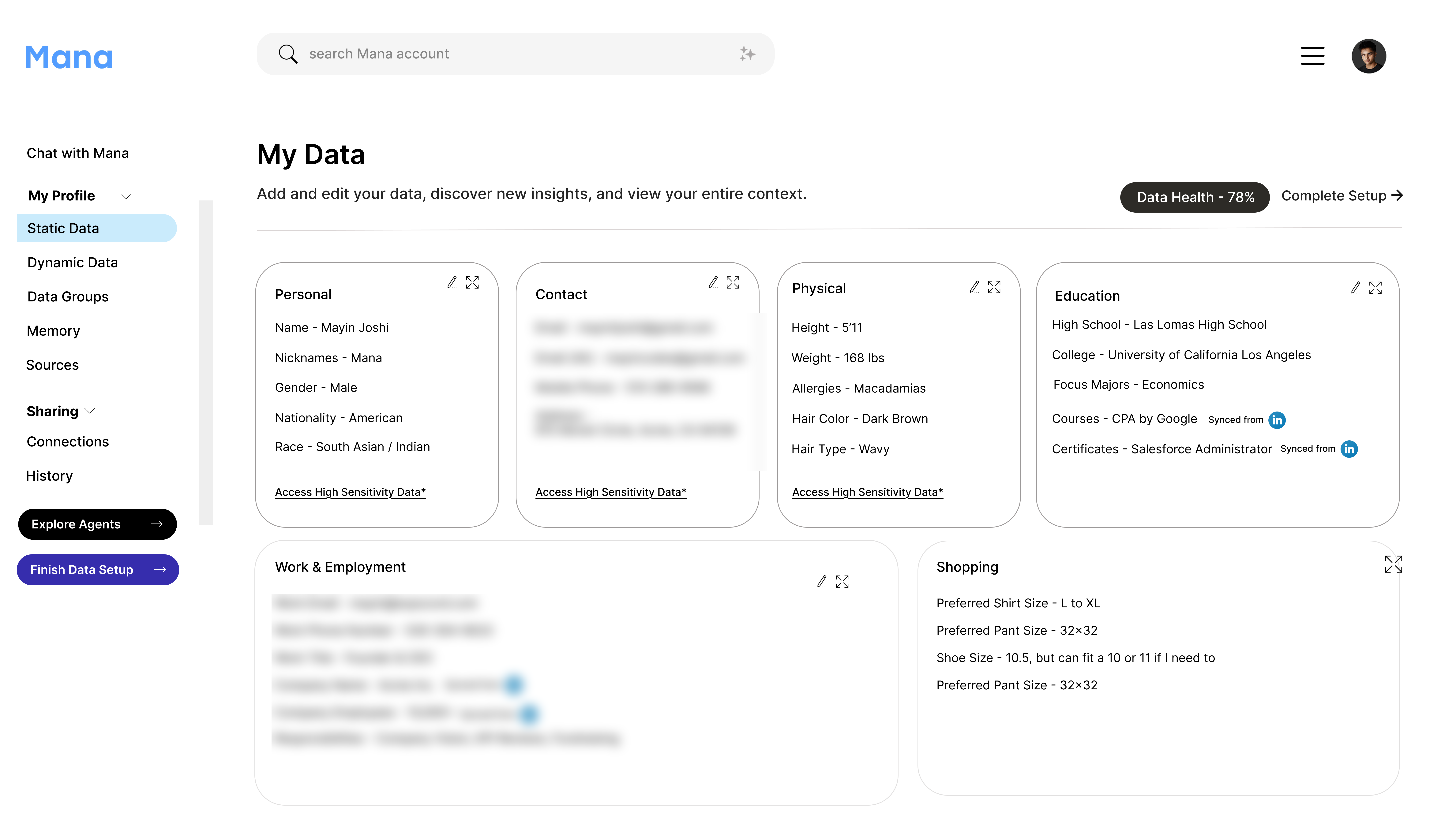 My Data: a private dashboard for reviewing personal context and data health.