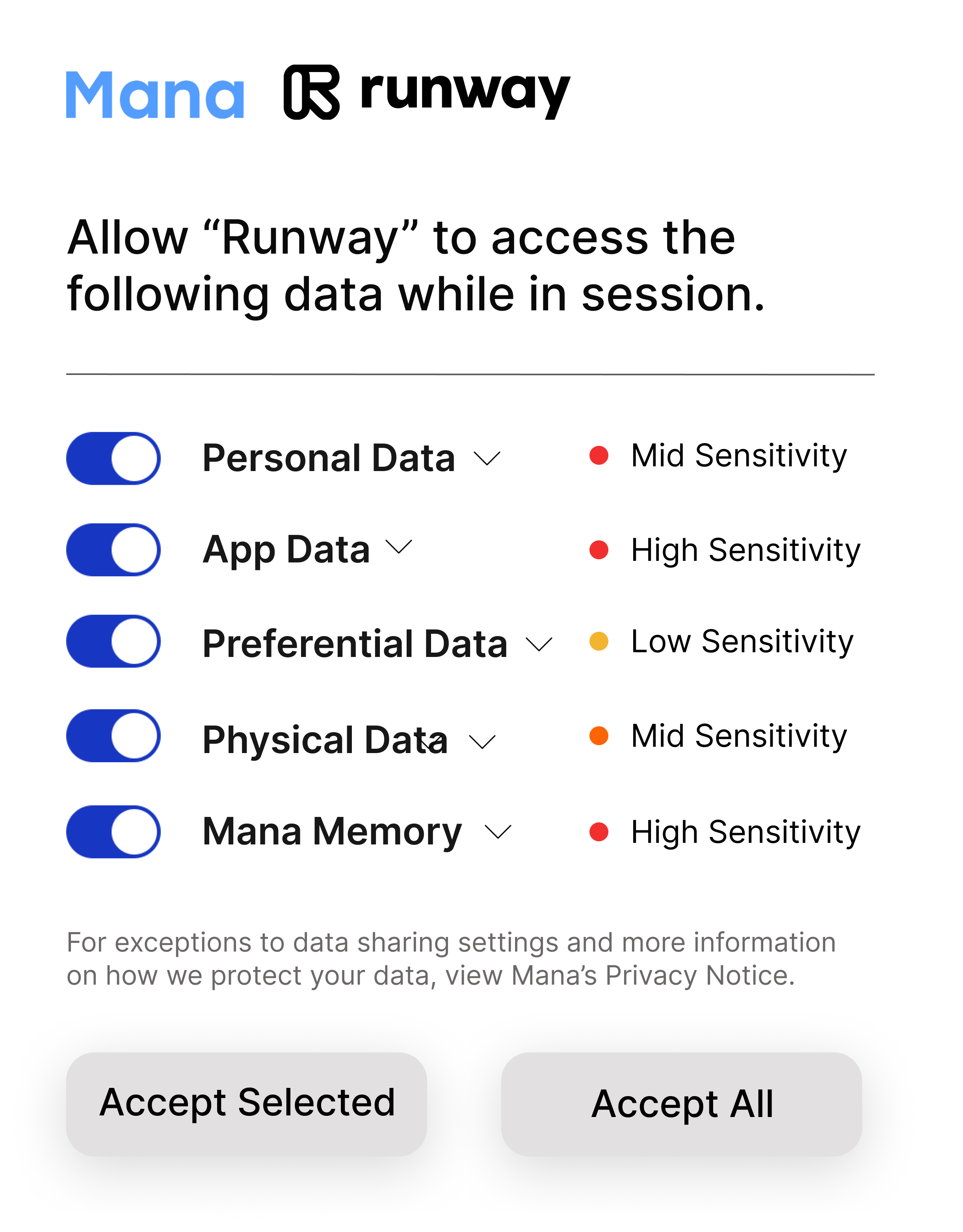 Runway: session-based permissions with sensitivity labels for each data group.