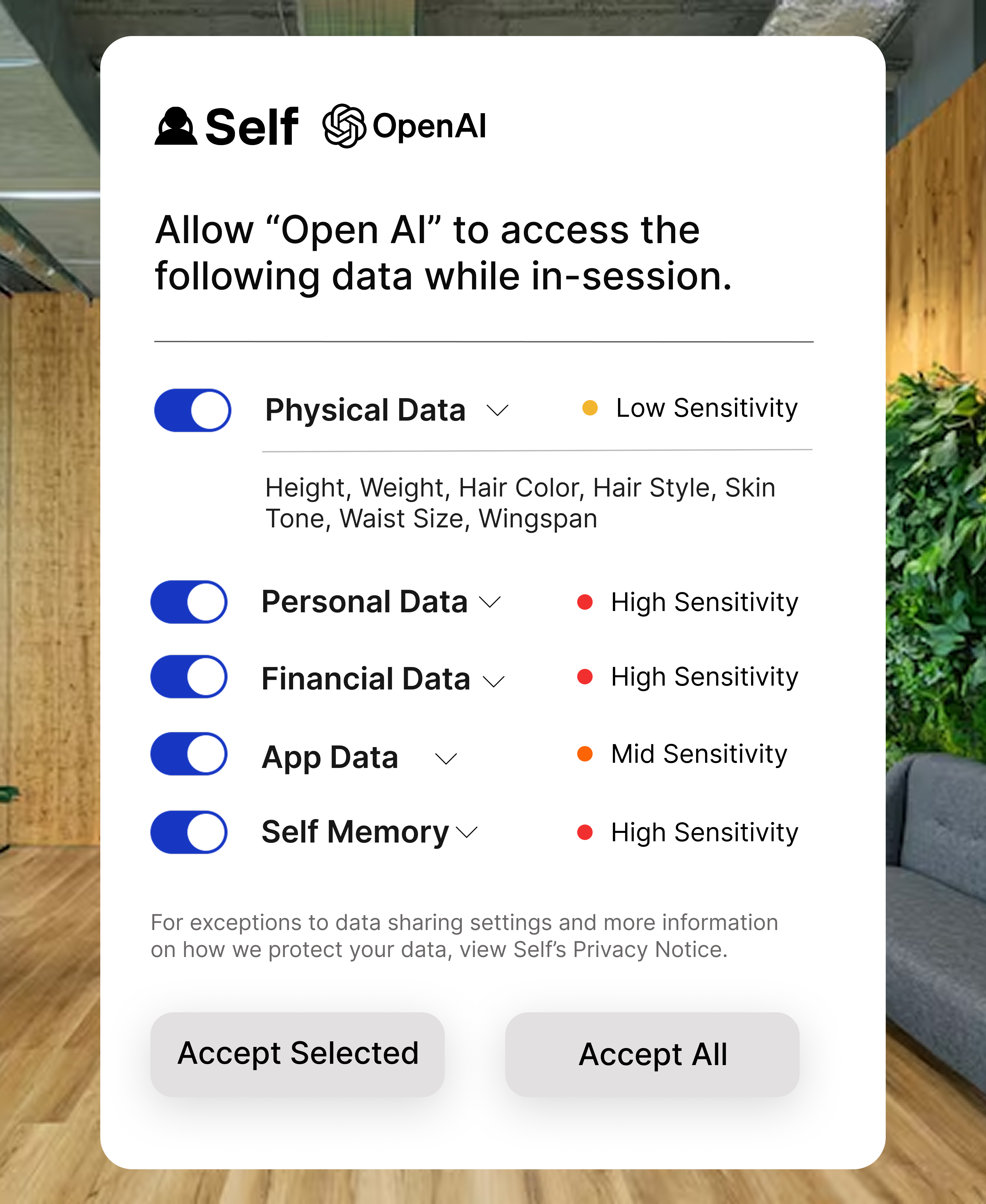 Permission concept: Self AI requests contextual data access for an OpenAI session.