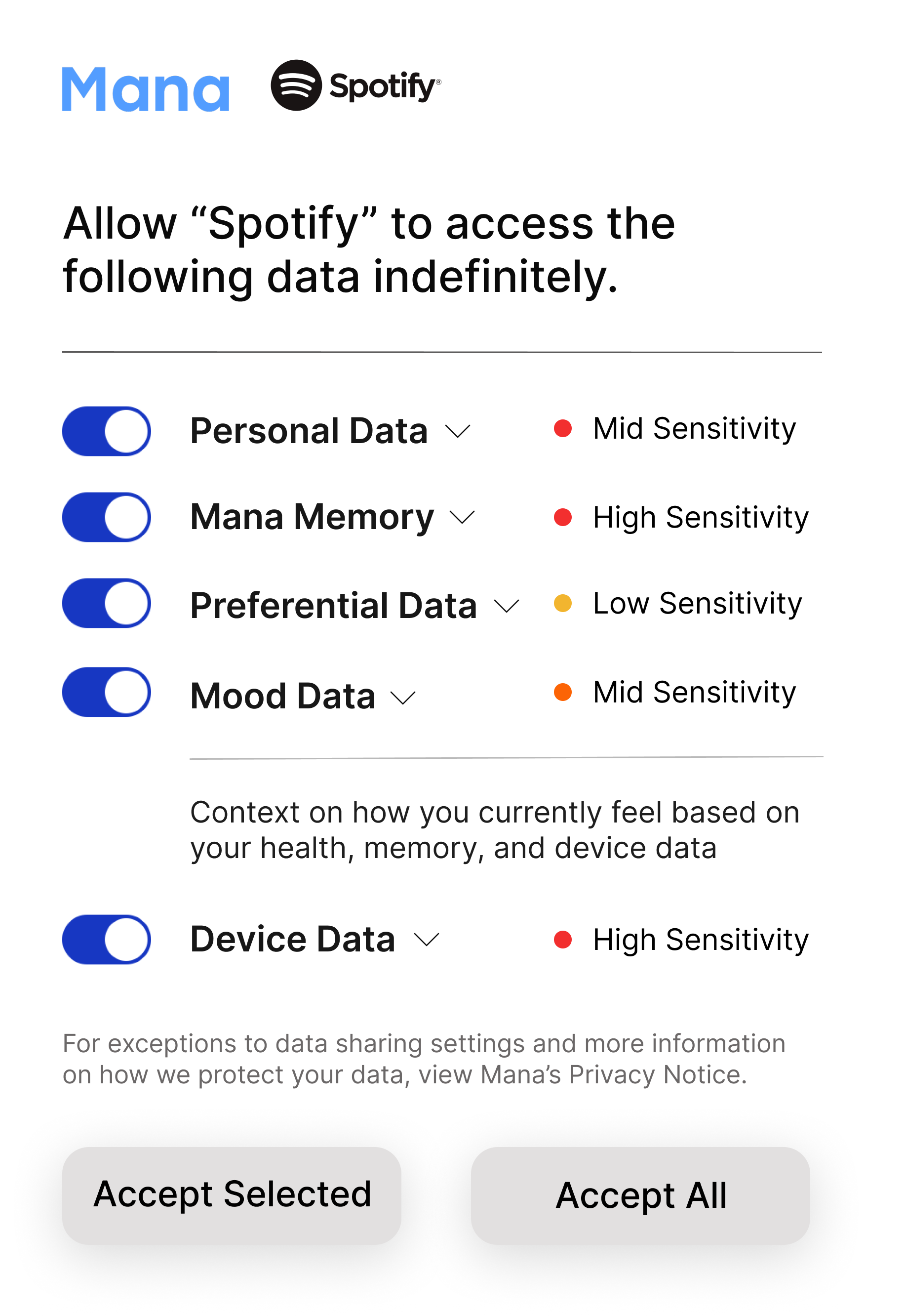Spotify: persistent permissions for personalization, mood, memory, and device context.