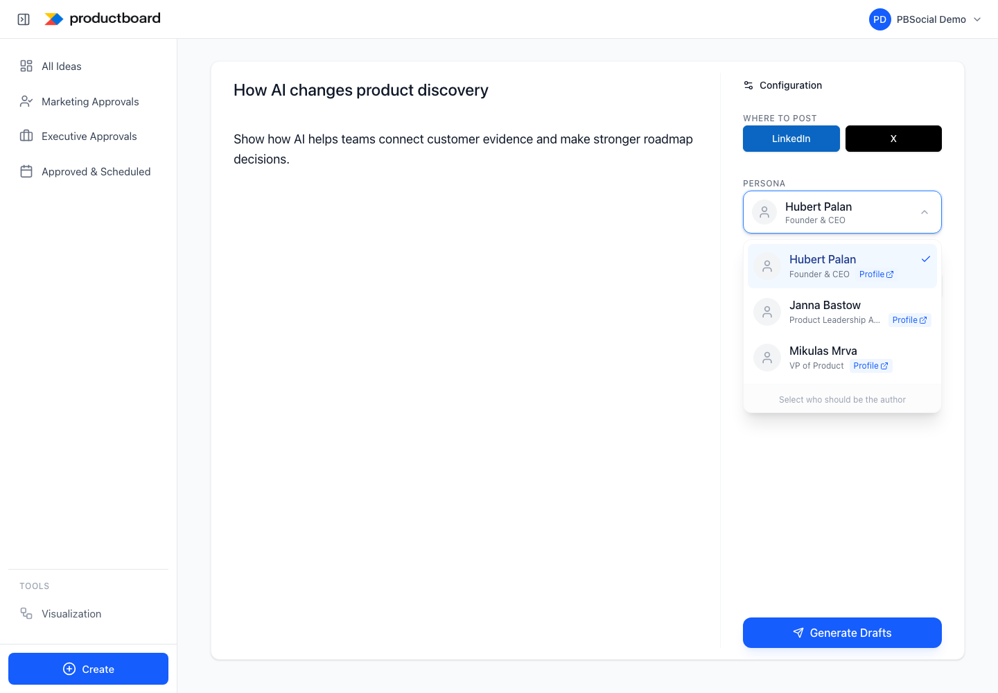 Create: configure platforms, author persona, and AI draft count.