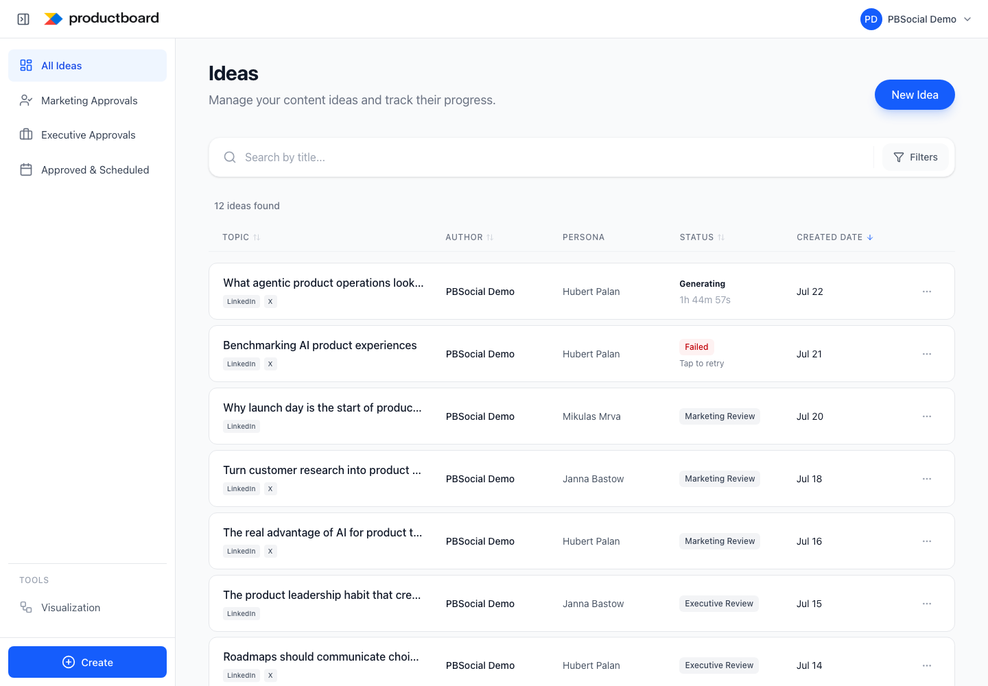 Ideas: track every post across generation and review states.