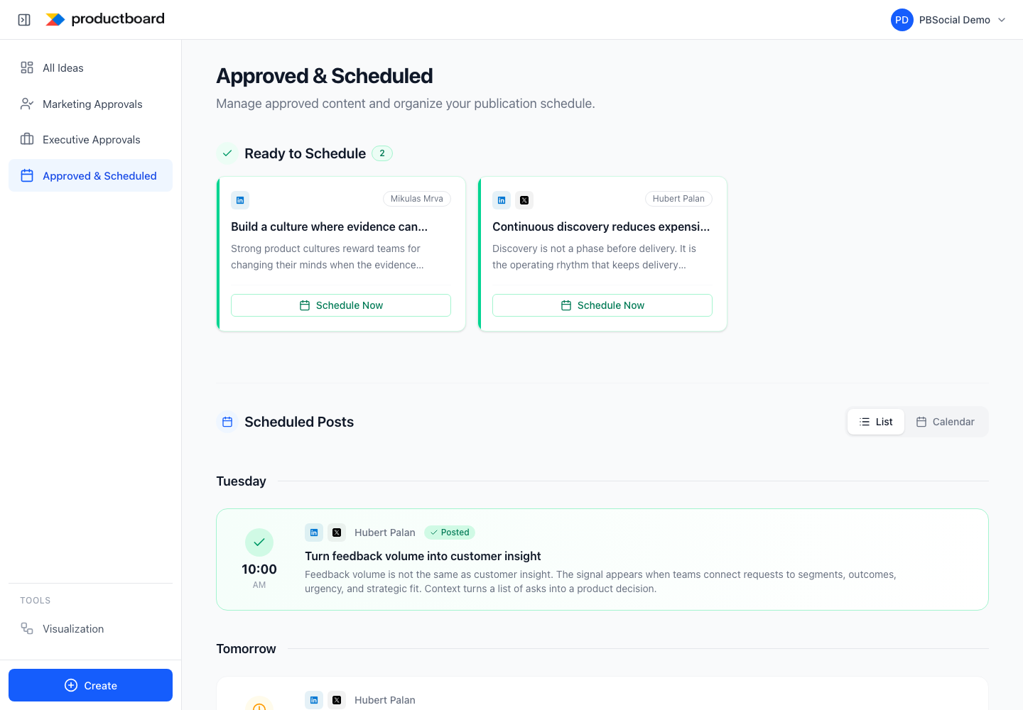 Approved and scheduled: manage the ready queue and upcoming posts.