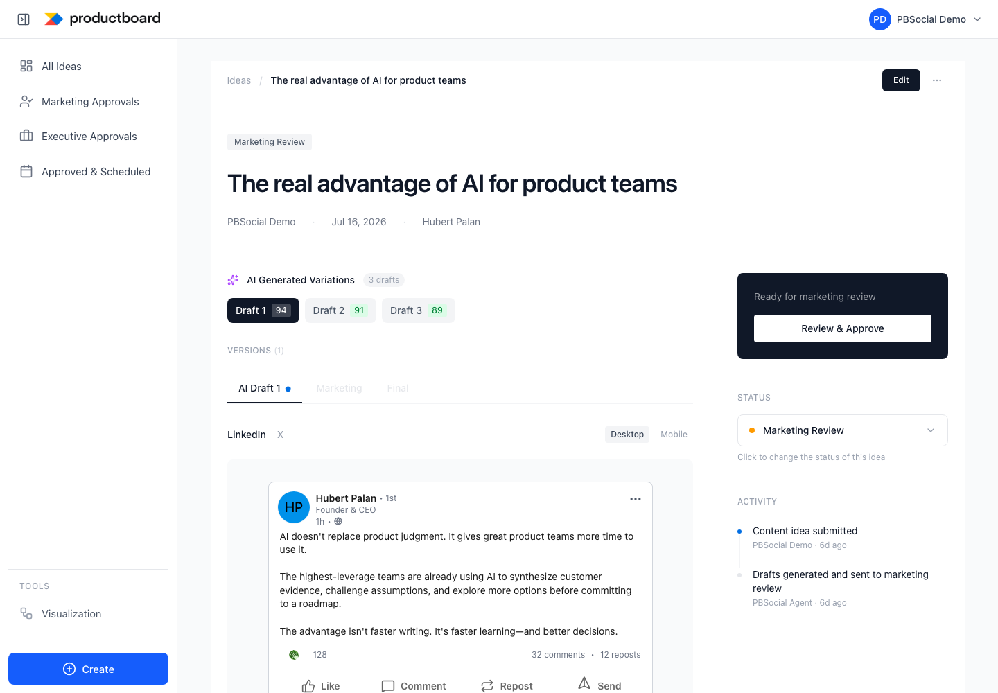 Post detail: inspect generated content, versions, status, and activity.