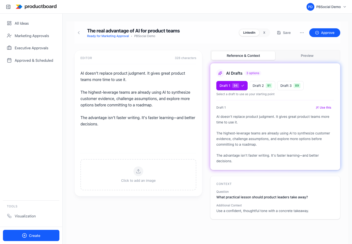 Approval editor: compare multiple AI drafts before choosing one.