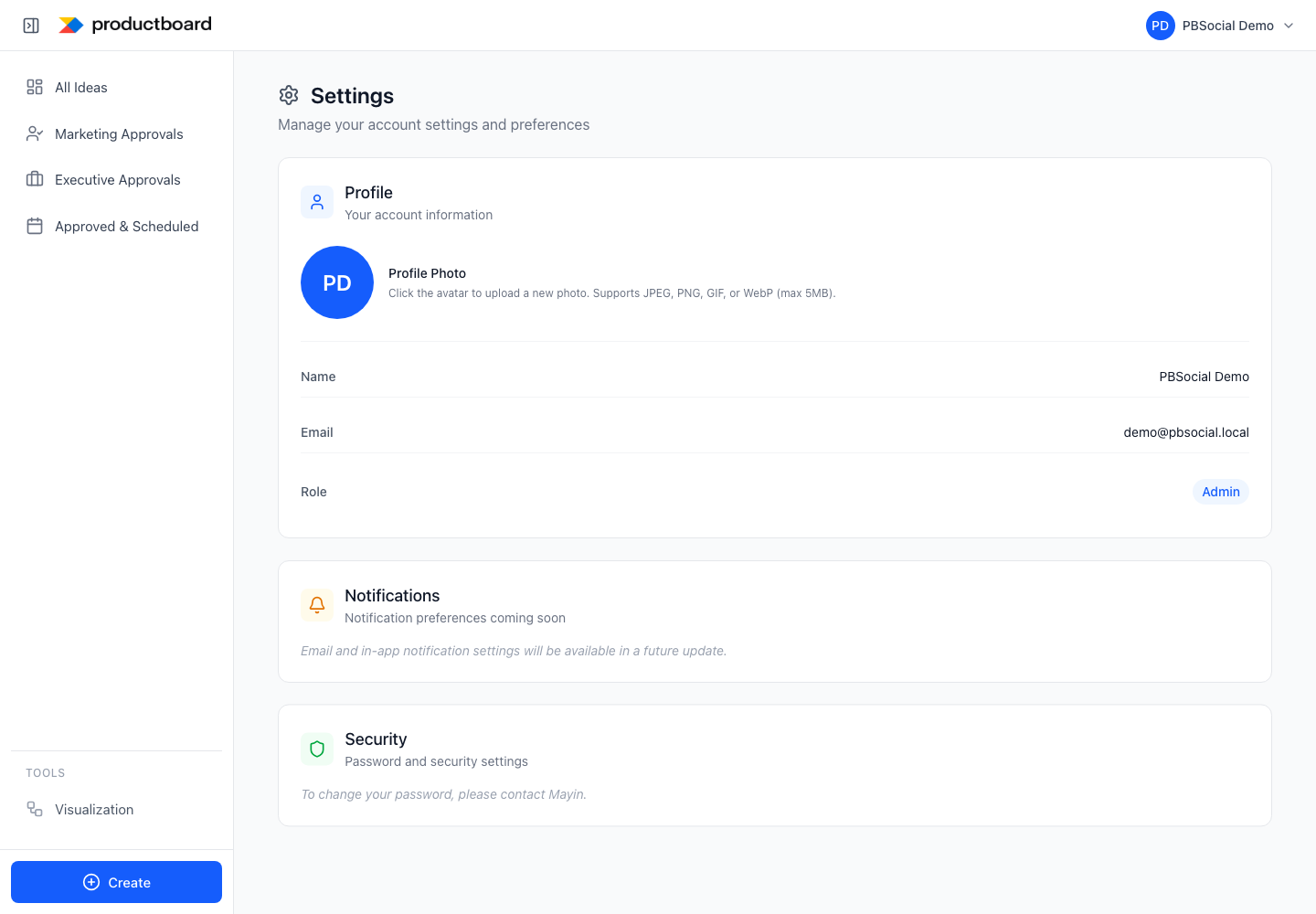 Settings: manage the administrator profile and account.